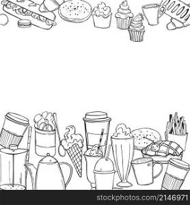 Hand drawn coffee shop food . Vector background. Sketch illustration.. Vector coffee shop food set.
