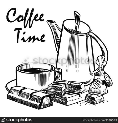 Hand drawn coffee time vector illustration. Cup of coffee, chocolate, praline and pot isolated on white background. Hand drawn coffee time vector illustration. Cup of coffee, chocolate