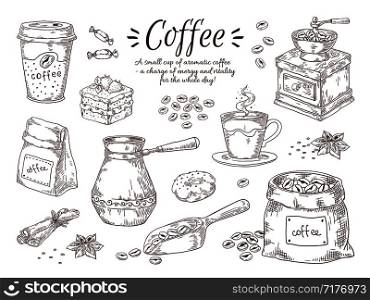 Hand drawn coffee. Vintage Italian drink with breakfast desserts and spices, coffee maker and grinder sketch. Vector vintage drawings illustration isolated set. Hand drawn coffee. Vintage Italian drink with breakfast desserts and spices, coffee maker and grinder sketch. Vector isolated set