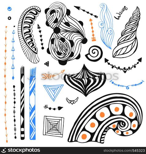 Hand drawn collection in zentangle style. Vector set with tribal doodles. For coloring page or tattoo art. Vector set with tribal doodles. Hand drawn collection in zentangle style. For coloring page or tattoo art