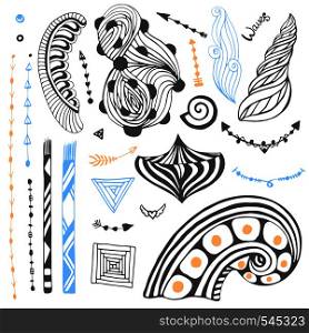 Hand drawn collection in zentangle style. Vector set with tribal doodles. For coloring page or tattoo art. Vector set with tribal doodles. Hand drawn collection in zentangle style. For coloring page or tattoo art