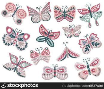 Hand drawn collection of butterflies decorated with flowers and herbs. Boho set of beautiful moths. Clip art cute abstract butterfly with different decorated wings, vector illustration. Hand drawn collection of butterflies decorated with flowers and herbs