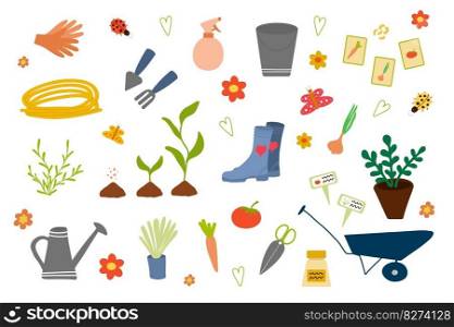 Hand-drawn collection of garden tools and plants. Concept of gardening or horticulture. Design elements for printing, packaging or stickers. Vector. 
