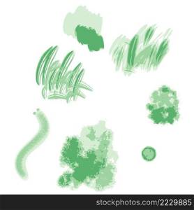 Hand drawn collection of nature elements. Set of green moss, grass, fluffy caterpillar and abstract spots. Doodle vector illustration for decor and design.
