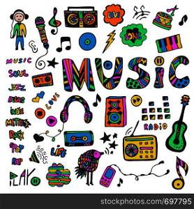 Hand-drawn collection with music doodles. Colorful music icons set. Hippie style. Vector illustration.. Hand-drawn collection with music doodles. Colorful music icons set. Hippie style. Vector illustration