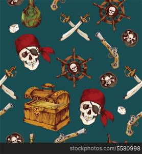 Hand drawn colored pirates seamless pattern with dices skull saber vector illustration