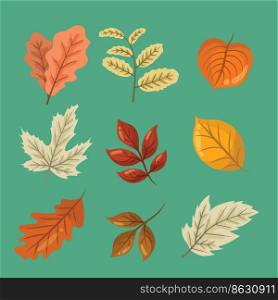 Hand drawn colorful autumn leaves set