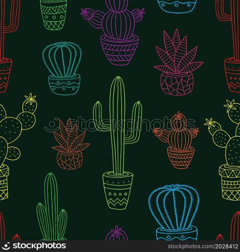 Hand drawn colorful cactus seamless pattern. Vector illustration.