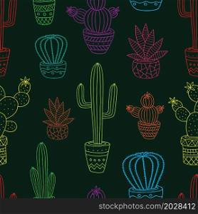 Hand drawn colorful cactus seamless pattern. Vector illustration.