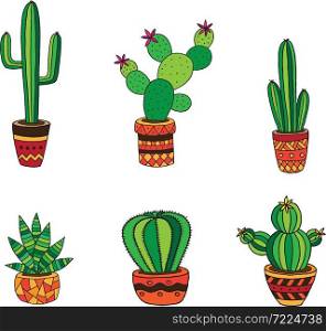 Hand drawn colorful cactus set. Vector illustration.