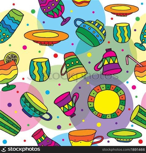 Hand drawn colorful cups and glasses. Kitchen elements collection seamless pattern. Vector illustration.