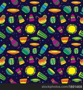 Hand drawn colorful cups and glasses. Kitchen elements collection seamless pattern. Vector illustration.