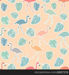 Hand drawn colorful flamingo sketch. Vector illustration. Exotic bird with monstera leaves. Seamless pattern background