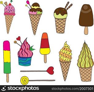 Hand drawn colorful ice cream isolated icons set. Vector illustration.