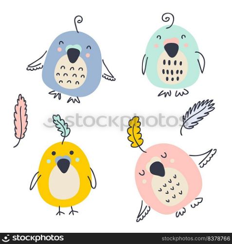 Hand drawn colorful parakeets vector collection. Perfect for poster, textile and prints. Cartoon style illustration for decor and design.