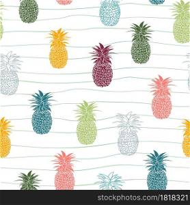 Hand drawn colorful pineapple tropical fruit seamless pattern on linear background,vector illustration