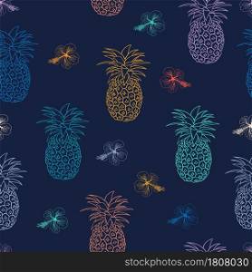 Hand drawn colorful pineapple with hibiscus on dark blue background,seamless pattern for decorative,fabric,textile,print or wallpaper,vector illustration