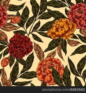 Hand drawn colorful seamless pattern with peones in vintage style. Best for wallpaper,pattern fills,web page background,surface textures. Seamless Peony Pattern
