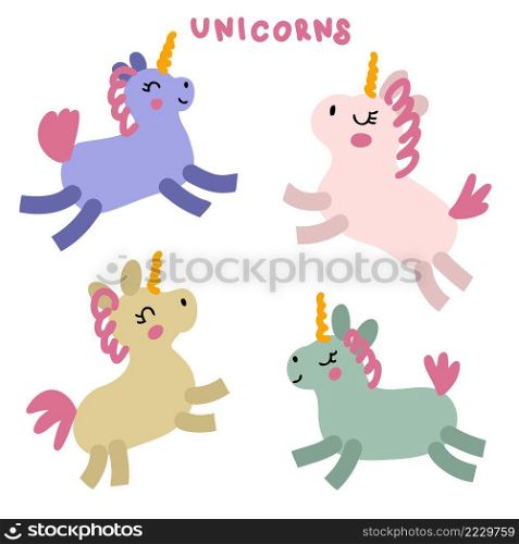 Hand drawn colorful unicorns collection. Perfect for T-shirt, stickers and print. Doodle vector illustration for decor and design.
