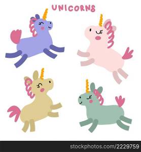 Hand drawn colorful unicorns collection. Perfect for T-shirt, stickers and print. Doodle vector illustration for decor and design.