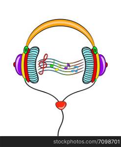 Hand drawn comic headphones and color notes on white background. Vector colorful object in pop art retro comic style.