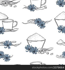 Hand-drawn Common chicory (Cichorium intybus flowers) set. Roots and flowers. Vector seamless pattern. . Common chicory. Vector pattern.