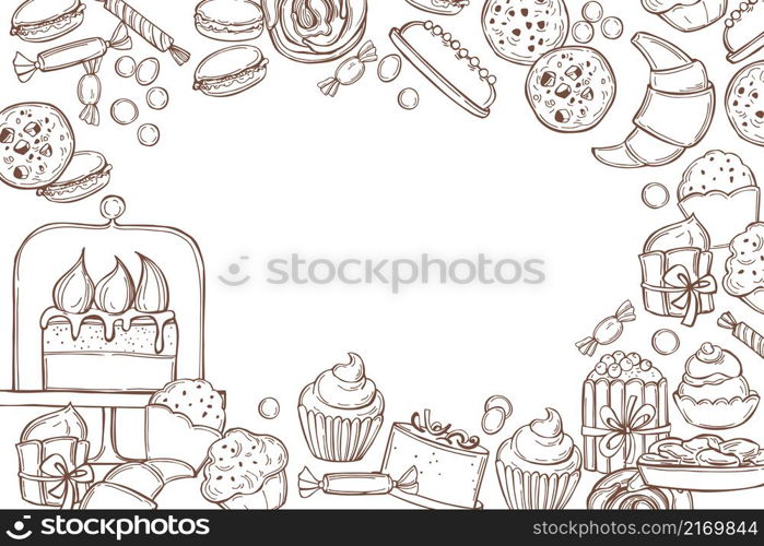 Hand-drawn confectionery background. Cookies, candies, cakes and cupcakes. Vector sketch illustration.. Confectionery vector background. Sketch illustration.