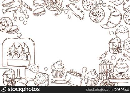 Hand-drawn confectionery background. Cookies, candies, cakes and cupcakes. Vector sketch illustration.. Confectionery vector background. Sketch illustration.