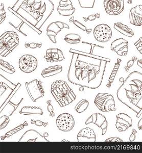 Hand-drawn confectionery. Cookies, candies, cakes and cupcakes.Vector seamless pattern. Cookies, cakes, muffins. Vector pattern.