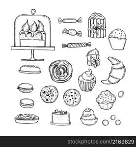 Hand-drawn confectionery. Cookies, candies, cakes and cupcakes. Vector sketch illustration.. ?onfectionery. Vector sketch illustration.