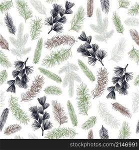 Hand drawn coniferous branches. Vector seamless pattern . Vector pattern with coniferous branches.