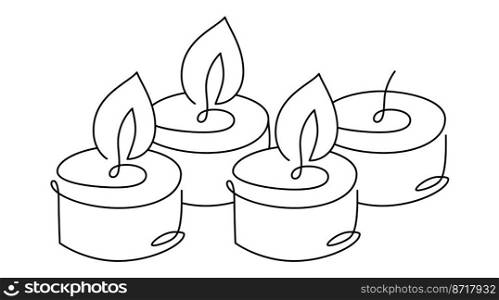 Hand drawn continuous one line four candles vector icon. Christmas advent three burning cundles. Outline illustration for greeting card, web design isolated holiday invitation on white background.. Hand drawn continuous one line four candles vector icon. Christmas advent three burning cundles. Outline illustration for greeting card, web design isolated holiday invitation on white background