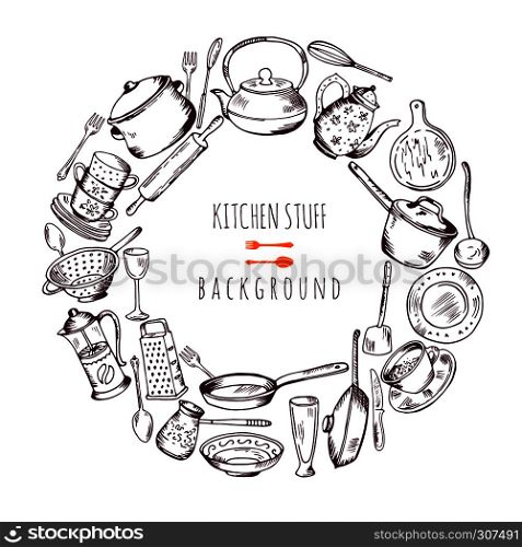 Hand drawn cooking icons in circle shape. Vector line illustration. Frame emblem with kitchen tools pot dish and spatula, different kitchen tools design. Hand drawn cooking icons in circle shape. Vector line illustration