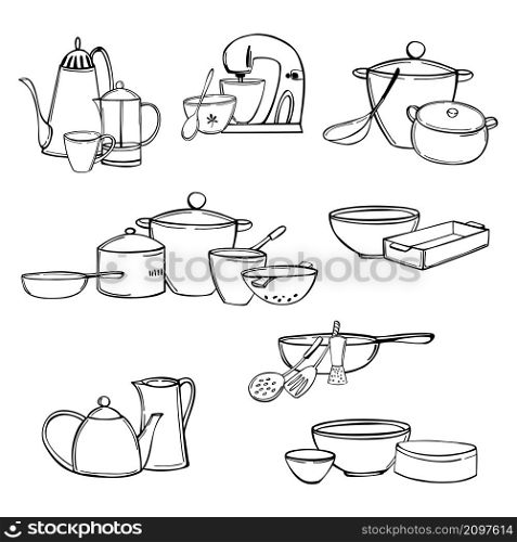 Hand-drawn cooking utensils. Vector sketch illustration.. Cooking utensils. Sketch illustration.