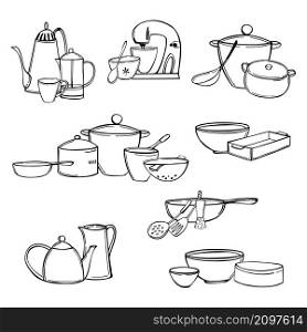 Hand-drawn cooking utensils. Vector sketch illustration.. Cooking utensils. Sketch illustration.