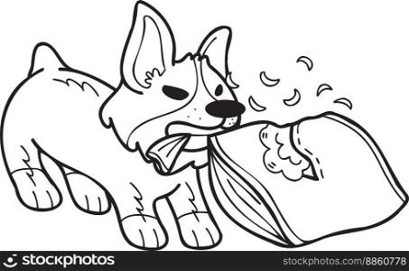 Hand Drawn Corgi Dog biting pillow illustration in doodle style isolated on background