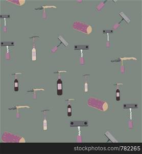 Hand drawn corkscrews and bottle of wines on dark grey background seamless pattern. illustration.. Hand drawn corkscrews and bottle of wines on dark grey background seamless pattern