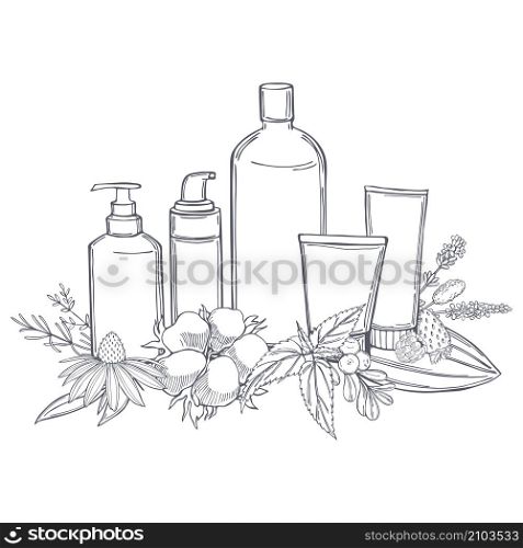 Hand drawn cosmetic bottles and plants for natural cosmetics. Organic cosmetics background. Vector sketch illustration.. Cosmetic bottles and plants for natural cosmetics.