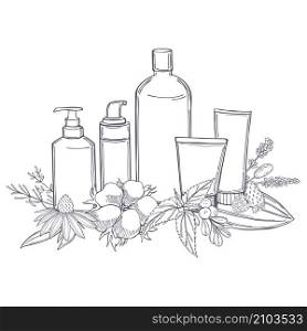 Hand drawn cosmetic bottles and plants for natural cosmetics. Organic cosmetics background. Vector sketch illustration.. Cosmetic bottles and plants for natural cosmetics.