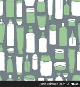 Hand drawn cosmetic bottles. Vector seamless pattern.. Vector pattern with cosmetic bottles.