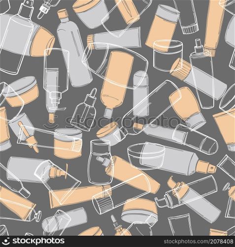 Hand drawn cosmetic bottles. Vector seamless pattern.. Vector pattern with cosmetic bottles.