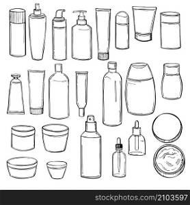Hand drawn cosmetic bottles. Vector sketch illustration.. Cosmetic bottles. Vector illustration.