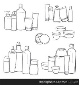 Hand drawn cosmetic bottles. Vector sketch illustration.. Cosmetic bottles. Vector sketch illustration.