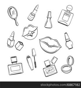Hand drawn cosmetics sketch icons. Hand drawn cosmetics sketch on white background, vector illustration