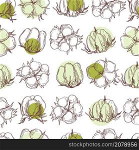 Hand drawn cotton plant. Vector seamless pattern.. Vector seamless pattern with cotton