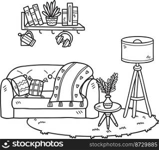 Hand Drawn couch with l&s on the carpet interior room illustration isolated on background