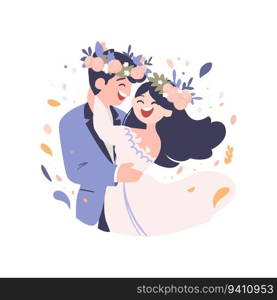 Hand Drawn couple with lovely wedding in flat style isolated on background