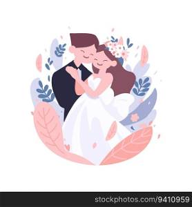 Hand Drawn couple with lovely wedding in flat style isolated on background