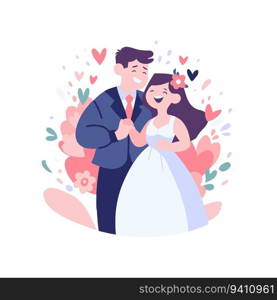 Hand Drawn couple with lovely wedding in flat style isolated on background