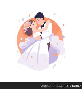 Hand Drawn couple with lovely wedding in flat style isolated on background